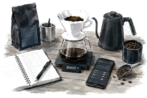 コーヒー道具とiPhoneが置かれた二輪社 Coffee Tools の手描きイラスト
