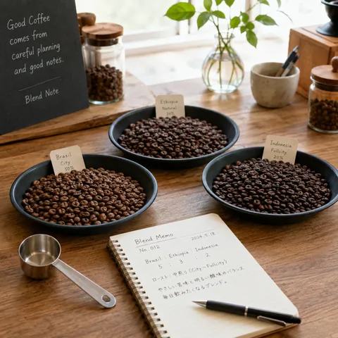 ブレンドに使うコーヒー豆の作業シーン