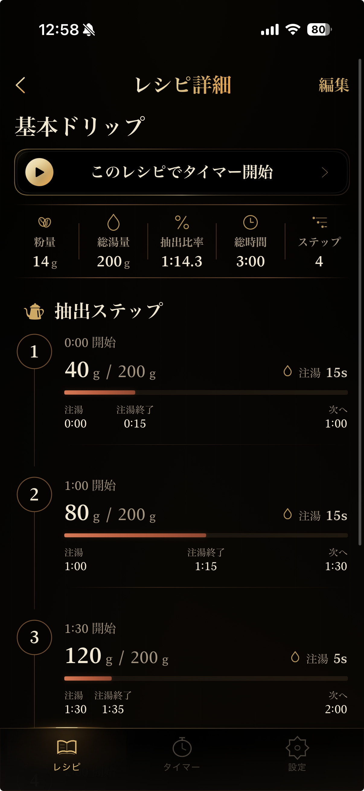 ドリップレシピの詳細画面