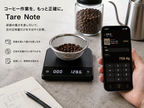 コーヒー豆の正味量を計量する作業シーン